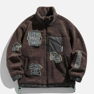 embroidered patch sherpa coat   iconic & cozy winter essential 3708