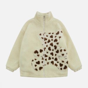 embroidered plush bear sherpa coat   cozy & iconic winter style 8942
