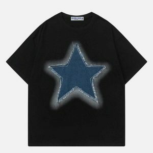 embroidered star denim tee edgy & retro streetwear 3387