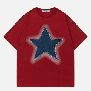 embroidered star denim tee edgy & retro streetwear 5207