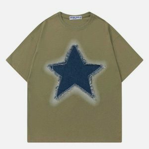 embroidered star denim tee edgy & retro streetwear 6016