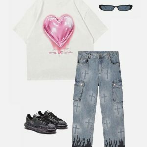 flame & cross vibe straight jeans   edgy streetwear essential 6988