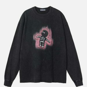 flame skeleton washed sweatshirt   edgy streetwear essential 1501