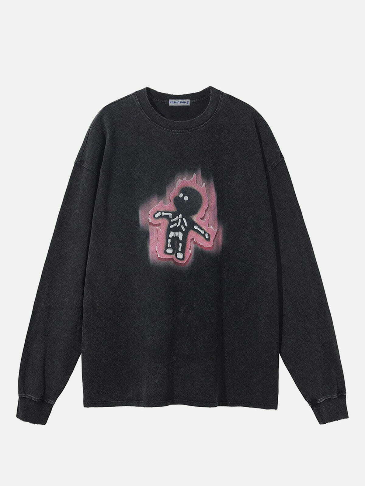 flame skeleton washed sweatshirt   edgy streetwear essential 1501