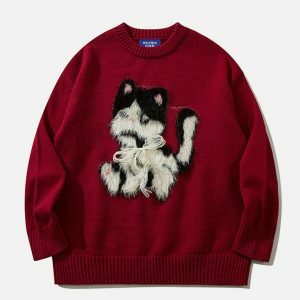 flocked cat sweater retro chic & edgy streetwear 6083