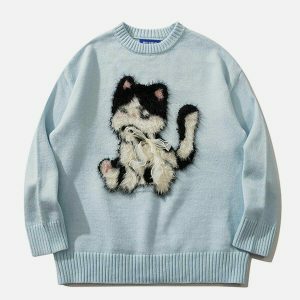 flocked cat sweater retro chic & edgy streetwear 6493