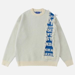 fringe letter jacquard sweater urban chic & trendy 2688