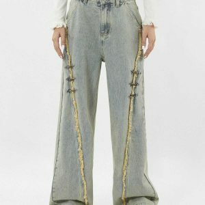 fringe metal buckle jeans edgy & retro streetwear 1010