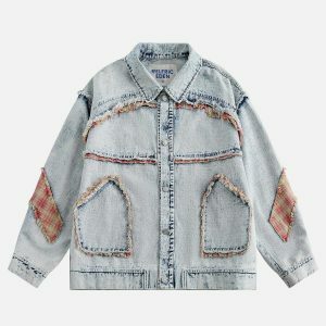 fringe patchwork denim jacket edgy & retro streetwear 5027
