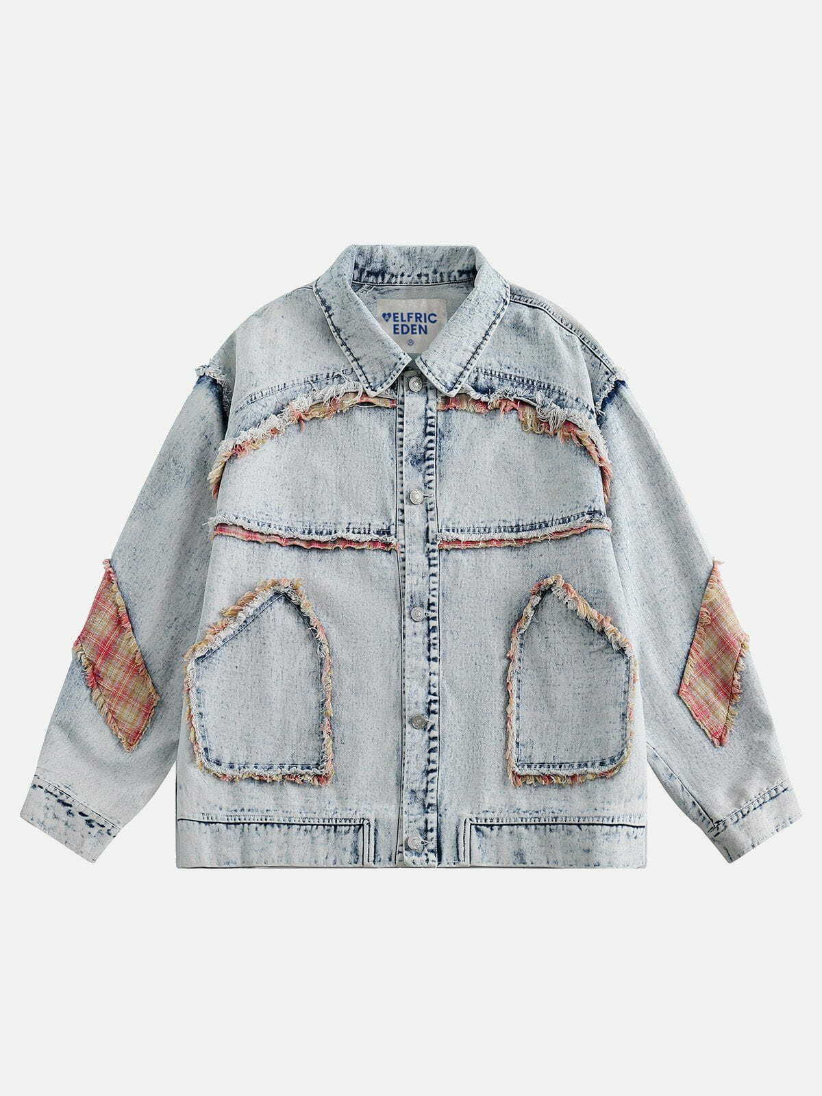 fringe patchwork denim jacket edgy & retro streetwear 5027