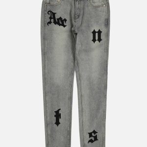 gothic alphabet jeans with embroidered patches edgy design 2255