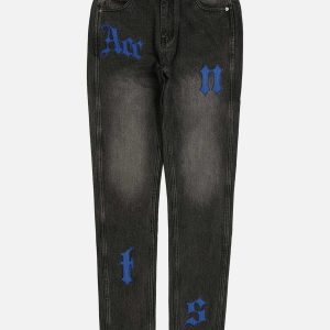 gothic alphabet jeans with embroidered patches edgy design 6257