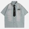 gradient denim washed short sleeve shirt   edgy & retro streetwear 6790