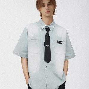 gradient denim washed short sleeve shirt   edgy & retro streetwear 7795