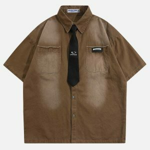 gradient denim washed short sleeve shirt   edgy & retro streetwear 8802