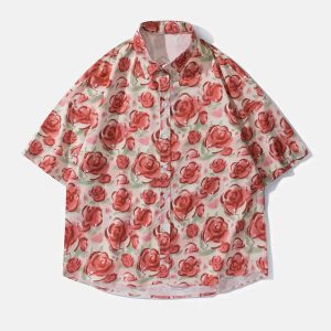 hand drawn roses shirt chic short sleeve & vibrant design 8443