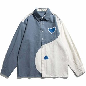 heart pattern chic color match shirt   youthful longsleeve 3695