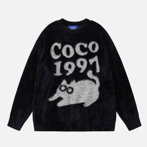 iconic cartoon cat sweater   jacquard knit urban chic 7040