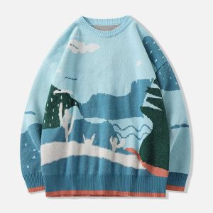 iconic cartoon patchwork sweater   youthful urban style 2565