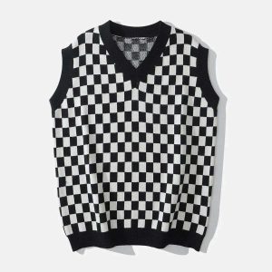 iconic checkerboard vest sweater youthful & dynamic style 3900