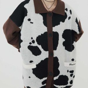 iconic cow print cardigan polo collar & youthful vibe 7967