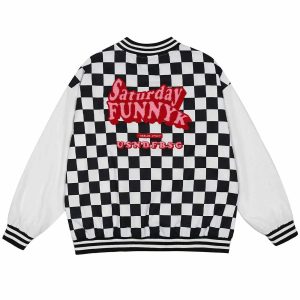 iconic letter embroidery varsity jacket   check design 1801