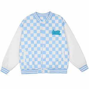 iconic letter embroidery varsity jacket   check design 6542