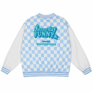 iconic letter embroidery varsity jacket   check design 7036