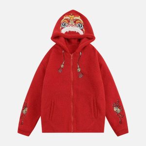 iconic lion embroidery sherpa coat   winter warmth & style 2952