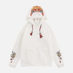 iconic lion embroidery sherpa coat   winter warmth & style 3283