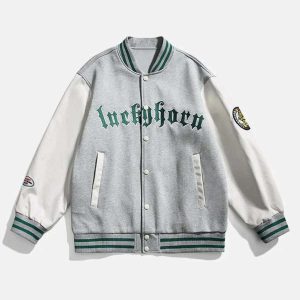 iconic patchwork 'luckyhorn' varsity jacket urban appeal 4258