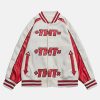 iconic tnt patchwork varsity jacket   youthful print design 8448