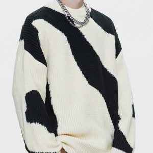 irregular contrast sweater dynamic & youthful style 1323