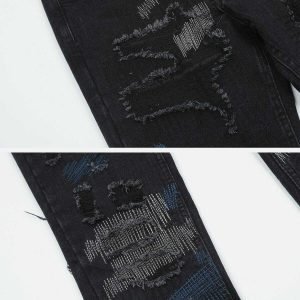 irregular embroidered jeans with ripped patches youthful edge 2909