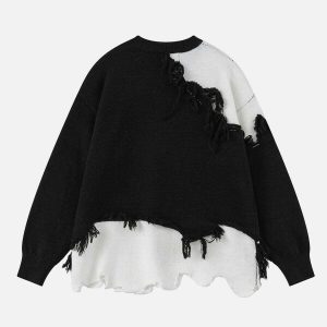 irregular patchwork sweater   chic fringe detailing 7637