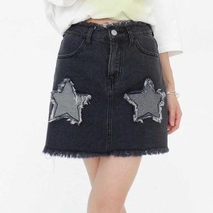 irregular raw edge star denim skirt   edgy streetwear essential 4828