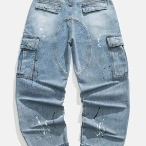 painted cargo jeans with pockets   youthful & dynamic style 3964