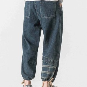 panelled plaid jeans with belt embellishment edgy streetwear 8705