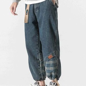 panelled plaid jeans with belt embellishment edgy streetwear 8858