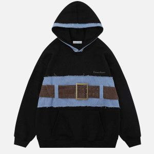 patchwork leather belt hoodie   urban & edgy streetwear 1673