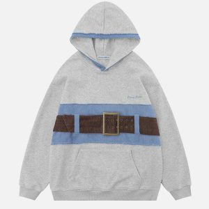 patchwork leather belt hoodie   urban & edgy streetwear 2273
