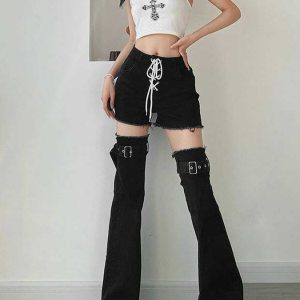 patchwork straps flared pants youthful & trendy streetwear 3310