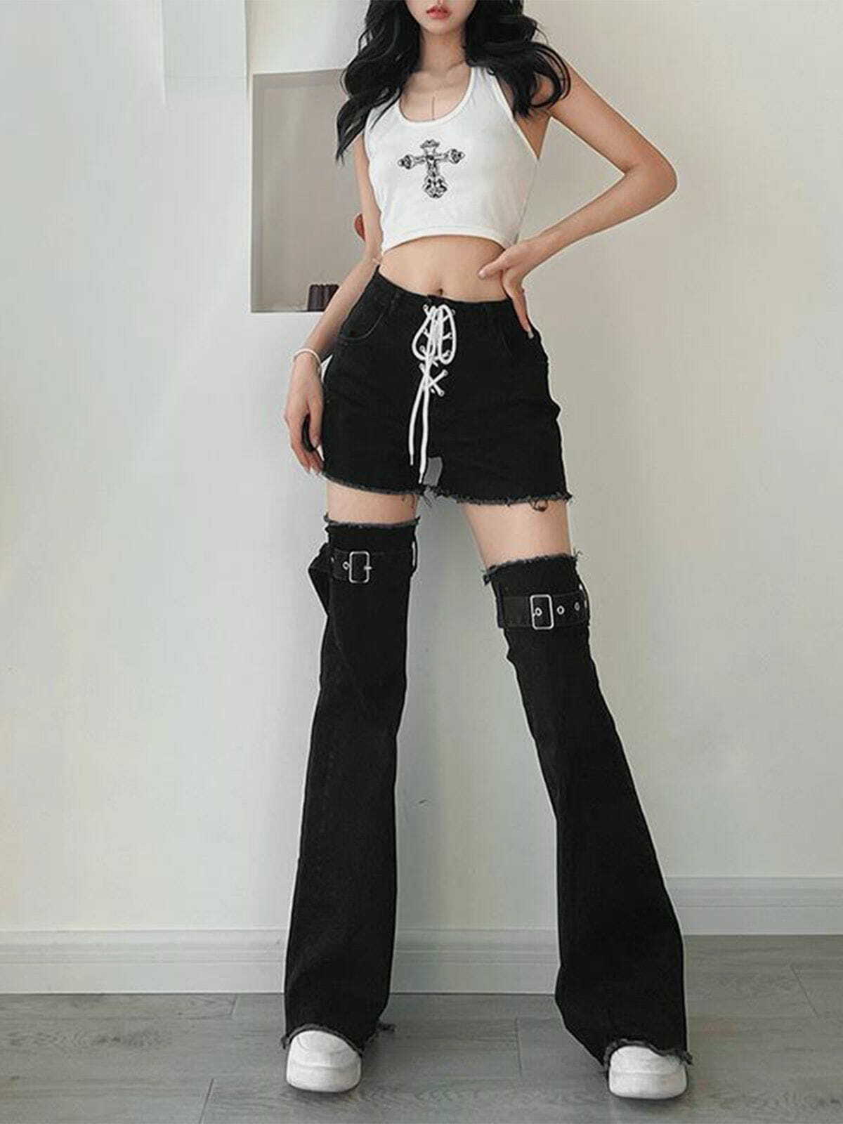 patchwork straps flared pants youthful & trendy streetwear 3310