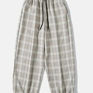 plaid casual drawstring pants   youthful & trendy fit 4571