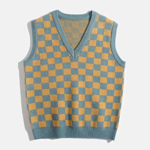plaid clash sweater vest   youthful & eclectic streetwear 4230