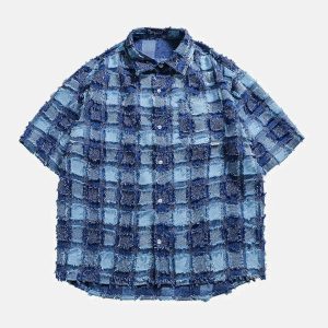 plaid spliced short sleeve shirt   youthful & trendy design 8541