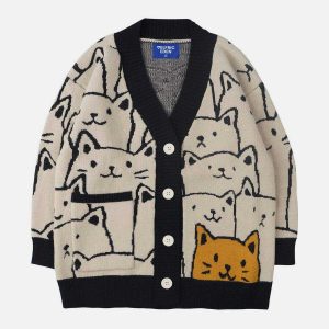 quirky cartoon cat cardigan   youthful & trendy knit 8650