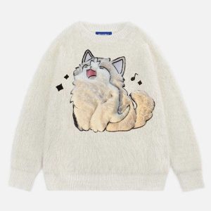 quirky cat embroidery sweater youthful & urban chic 4639