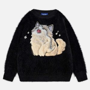 quirky cat embroidery sweater youthful & urban chic 4675