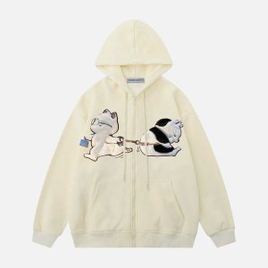 quirky cat flocking hoodie   youthful urban streetwear 5972
